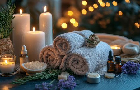 A tranquil spa arrangement features neatly folded towels, aromatic essential oils, and glowing candles, surrounded by lush greenery, creating a soothing atmosphere for relaxation.の素材