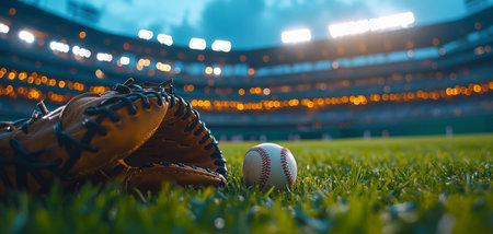 A classic baseball glove lies on the grass next to a ball and bat, illuminated by the stadium lights during an exciting evening game, creating a nostalgic sports atmosphere.の素材