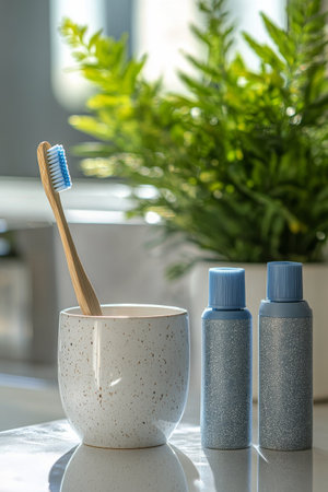 Two blue grooming tools rest next to a small potted plant and a white bowl, creating a serene atmosphere in the bathroom. Soft light enhances the peaceful ambiance of the space.の素材