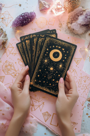Hands are holding a set of tarot cards adorned with stars and moons, set against a pink background scattered with crystals and gold accents, creating a mystical atmosphere.の素材