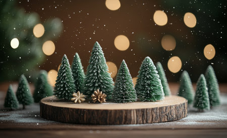 A miniature forest showcases several small evergreen trees with pinecones arranged on a circular wooden base. The background features soft glowing lights, creating a warm atmosphere.の素材