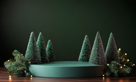 Miniature evergreen trees are arranged around a circular platform, creating a festive atmosphere with soft lights in a dark setting, perfect for holiday displays or themed decorations.の素材