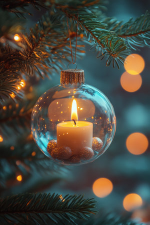 A glass ornament filled with a glowing candle hangs gracefully from a Christmas tree. The warm light illuminates festive decorations and creates a cozy atmosphere perfect for the holiday season.の素材