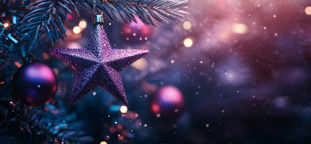 A purple star ornament is elegantly suspended from a Christmas tree, surrounded by twinkling lights and soft bokeh effects.の素材