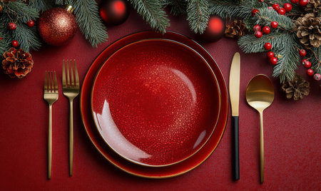 A beautifully arranged center table features a red plate at the, surrounded by golden cutlery, pinecones, and holiday ornaments, creating a warm and inviting atmosphere for celebrations.の素材