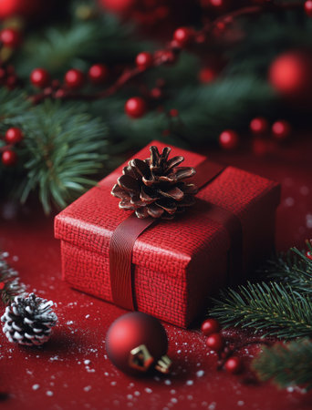 A vibrant red gift box adorned with a pinecone rests on a festive table. Surrounding it are pine branches and shiny ornaments, creating a cheerful holiday atmosphere.の素材
