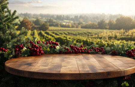 A wooden table set with pine cones sits against a breathtaking vineyard backdrop during sunset, showcasing rolling hills and lush grapevines illuminated by warm evening light.の素材