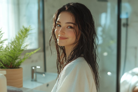 A young woman with damp hair stands in a brightly lit bathroom, smiling gently. The space features soft natural light and a decorative plant, creating a fresh, inviting atmosphere.の素材