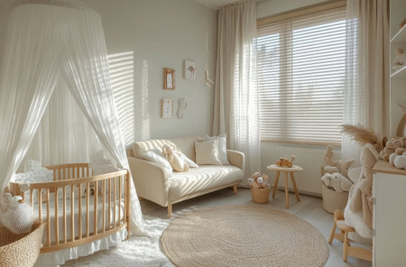 A beautifully designed nursery features a wooden crib, a comfortable rocking chair, and soft textiles. Natural light filters through the window, creating a serene atmosphere perfect for a babys rest.の素材