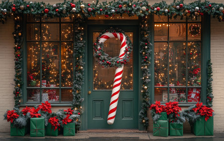 The entrance of a shop is adorned with vibrant Christmas decorations, featuring large candy canes, a wreath, and numerous gift boxes. The festive atmosphere invites holiday shoppers.の素材