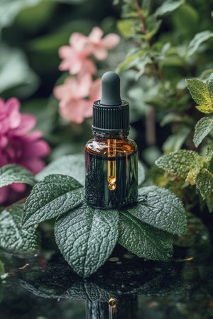 An essential oil dropper bottle sits elegantly on a green leaf, surrounded by colorful flowers. The natural setting highlights the potential for relaxation and wellness.の素材