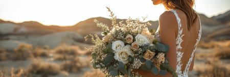 A bride holds a beautiful bouquet filled with peach and ivory roses, enhanced by lush greenery. The warm sunset casts a soft glow on the scene, creating a romantic ambiance.の素材