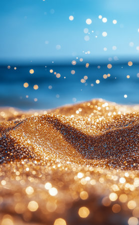 A close up view of golden sand glistening under the sunlight, with soft ocean waves lapping at the shore in the background, creating a tranquil beach atmosphere.の素材