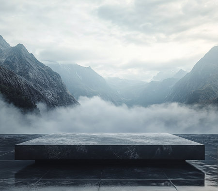 A solitary platform sits on a reflective surface, surrounded by towering mountains shrouded in mist, creating a tranquil and enigmatic atmosphere at dawn.の素材