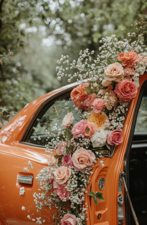 A classic orange car features a vibrant arrangement of pink and peach roses, elegantly placed on the door. The background is filled with greenery, illuminated by the warm glow of sunset.の素材