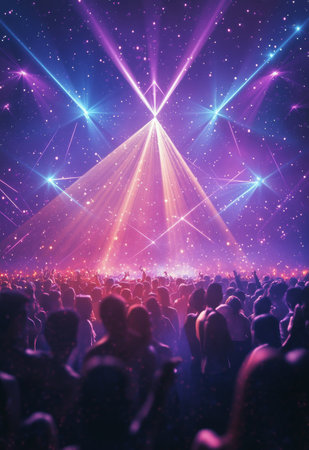 A vibrant live music event takes place at night, where colorful laser lights create dynamic patterns above an enthusiastic crowd. The atmosphere is electric with energy and excitement.の素材