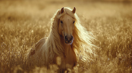 A stunning white horse gracefully runs through tall grass, its mane flowing in the breeze on a cloudy afternoon, capturing a moment of beauty in nature.の素材