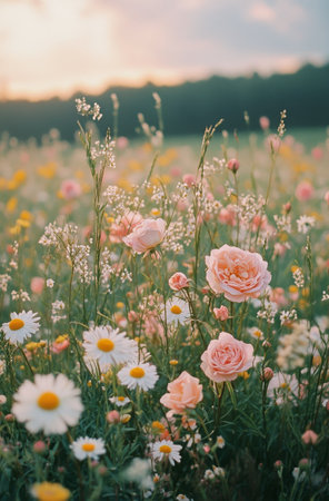 A vibrant spring meadow features delicate pink roses and cheerful daisies. The landscape showcases lush greenery with soft hills in the background under a cloudy sky.の素材