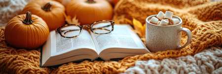 A warm knitted blanket holds a book open next to a cozy mug filled with hot cocoa topped with marshmallows, surrounded by vibrant orange pumpkins in an inviting autumn atmosphere.の素材