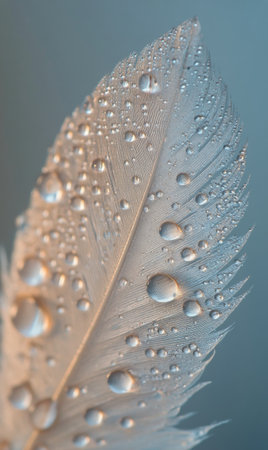 A pristine white feather lies gently, showingcasing countless sparkling droplets that reflect soft light, creating a tranquil and beautiful aesthetic in a soothing atmosphere.の素材