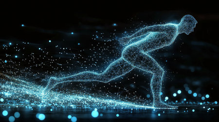 A glowing figure represents a male runner, depicted as a network of particles, illustrating speed and energy in a dark setting, emphasizing the dynamic motion of running.の素材