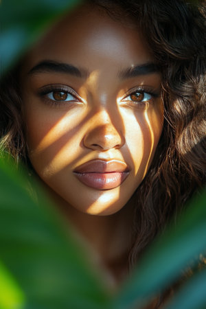 Soft sunlight filters through lush leaves to highlight the features of a woman with curly hair. Her warm eyes create a captivating and tranquil atmosphere, showcasing natures beauty.の素材