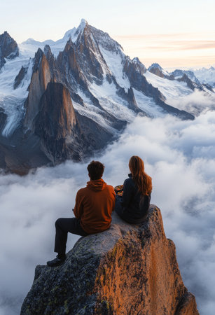 A couple sits on a rocky cliff at sunset, enjoying snacks while surrounded by breathtaking snowy mountain peaks. The serene atmosphere enhances their moment of connection and tranquility.の素材