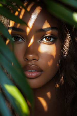 Soft sunlight filters through lush leaves to highlight the features of a woman with curly hair. Her warm eyes create a captivating and tranquil atmosphere, showcasing natures beauty.の素材