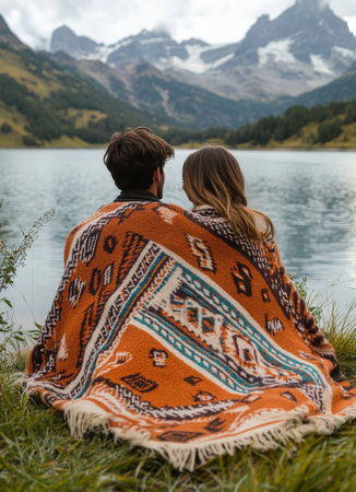 A couple sits closely together under a cozy blanket, gazing at the tranquil lake and surrounding mountains.の素材
