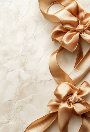 Two luxurious golden satin ribbons tied into neat bows are displayed on a light textured background, perfect for gift wrapping or event decoration.の素材