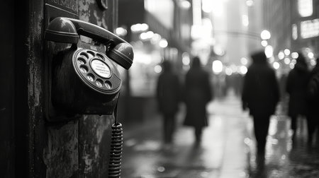 A vintage payphone is mounted on a wall, surrounded by blurred figures of people walking in a busy city street at night. The rain makes the pavement glisten under the streetlights.の素材