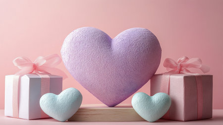 A vibrant arrangement features heart shaped decorations in varying shades of pink alongside beautifully wrapped gifts.の素材