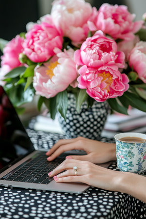 A woman types on her laptop in a cozy workspace adorned with a vibrant peony arrangement and a steaming cup of tea close by. The serene atmosphere promotes productivity and relaxation.の素材