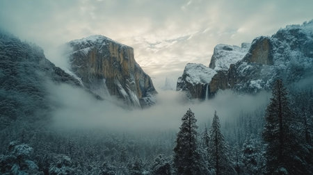 A serene valley in Yosemite National Park shrouded in fog, with snow capped mountains towering above and tall trees nestled below, creating a peaceful winter atmosphere.の素材