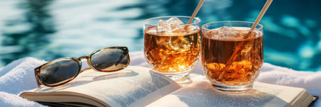 Two glasses filled with a refreshing drink sit on a towel beside an open book and sunglasses, enjoying a sunny day by the pool, perfect for relaxation and leisure.の素材