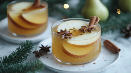 A delicious apple cocktail garnished with a slice of fresh apple and a cinnamon stick, perfect for festive gatherings. Soft lights create a warm atmosphere, enhancing the drinks appeal.の素材