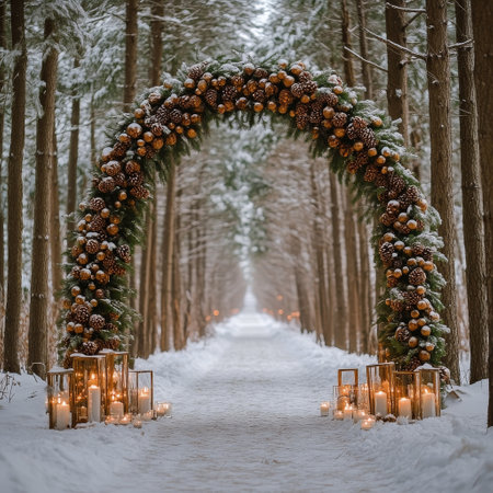 A stunning wedding arch stands adorned with pinecones and lanterns at the entrance of a snowy forest path. Tall pine trees create a magical backdrop as fresh snow blankets the ground.の素材