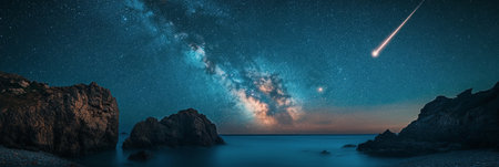 The Milky Way spans the night sky above a tranquil beach, where gentle waves lap against the rocks, creating a peaceful atmosphere under the starry expanse.の素材