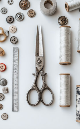 Various spools of thread, buttons, a pair of scissors, and sewing tools are artistically laid out on a white background, showing a variety of colors and textures for crafting enthusiasts.の素材