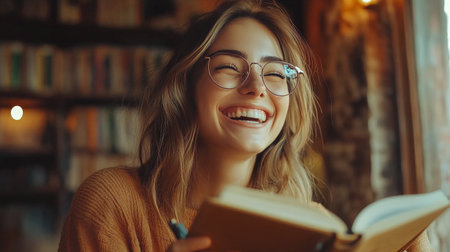 A young woman with glasses smiles brightly as she writes in her notebook at a cozy cafe. Natural light filters through the window, creating a warm atmosphere filled with plants.の素材