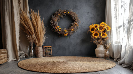 The space features a rustic arrangement of sunflowers and dried grasses, complemented by a circular rug on wooden flooring, creating a warm atmosphere perfect for the autumn season.の素材