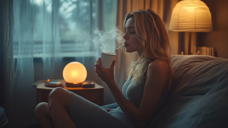 In a serene indoor setting, a woman sips from a warm beverage, steam rising gently. The soft lighting creates a cozy atmosphere as she relaxes on her bed.の素材