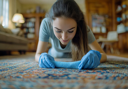 A young woman kneels on the floor, carefully wiping a colorful rug with a cloth. The sunlight streams through the window, illuminating her focused expression as she tidies up her living space.の素材