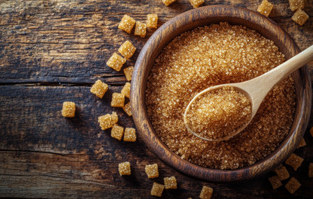 A wooden bowl filled with golden brown sugar sits on a weathered wooden table. A wooden spoon rests atop the sugar, creating a cozy, rustic feel.の素材