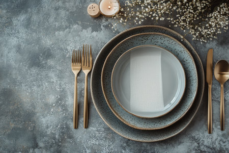 A beautifully arranged dining setup featuring a textured plate, gold utensils, and a white napkin. The scene exudes a modern aesthetic with delicate floral accents nearby.の素材