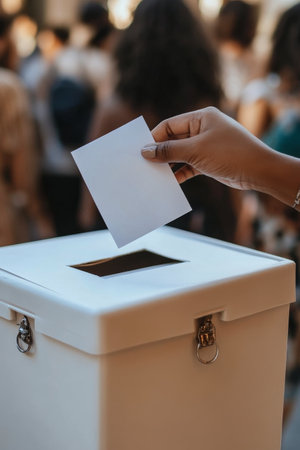 A hand is placing a blank ballot into a white voting box in a bustling location filled with people, emphasizing civic participation during an election event.の素材