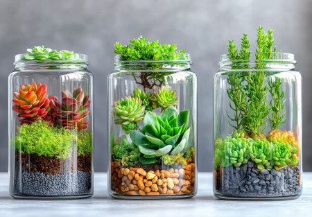 Various terrariums showcase a range of vibrant succulents, created with natural materials and elegant containers. The modern display highlights the beauty of each plant in a stylish arrangement.の素材