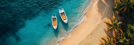 Two boats float gently in turquoise waters, anchored close to a sandy beach lined with palm trees. The setting creates a tranquil atmosphere under the bright sun.の素材