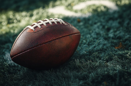 The football sits prominently on the turf, showing its texture and laces, with warm sunlight casting a golden glow over the field during an afternoon practice.の素材