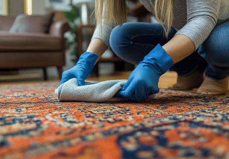 A young woman kneels on the floor, carefully wiping a colorful rug with a cloth. The sunlight streams through the window, illuminating her focused expression as she tidies up her living space.の素材